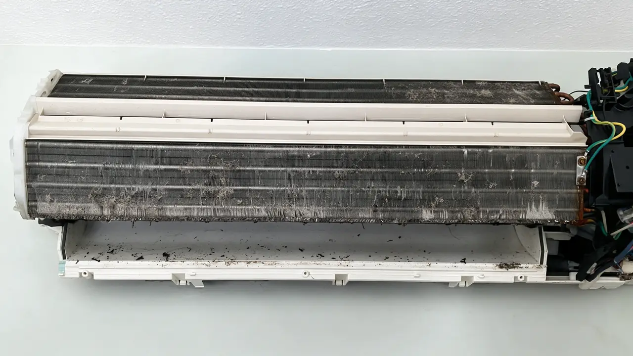 Binnendeel zonder front, met stof en pluis op de lamellen en zwart vuil in de condensbak.